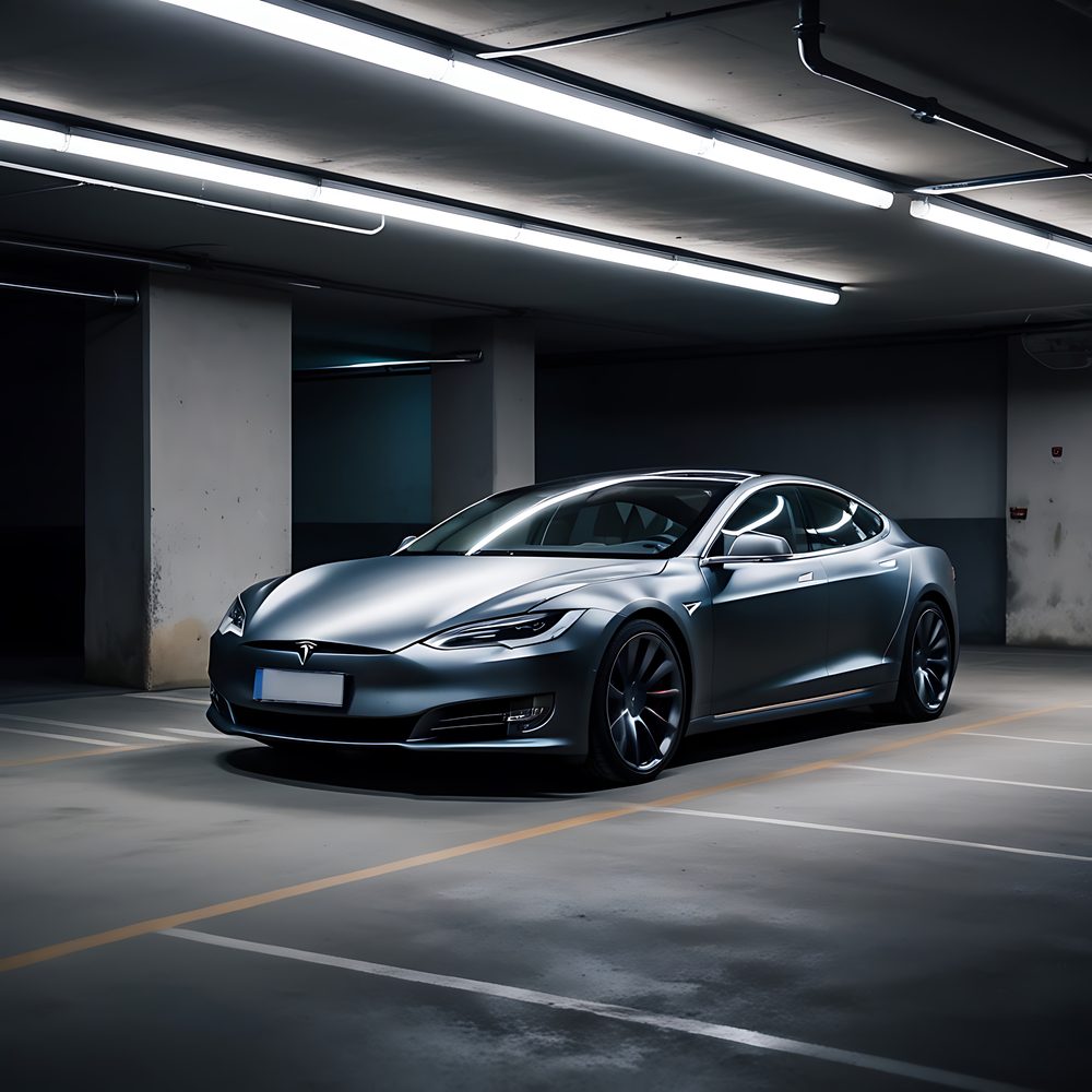 Garage résidentiel avec une voiture électrique et des capteurs de sécurité fixés au mur.