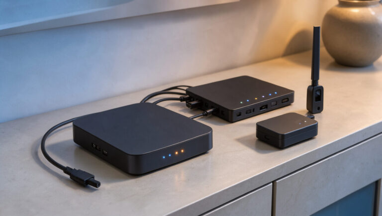 Centrale d’alarme domestique avec routeur Wi-Fi, module cellulaire et batterie de secours dans un intérieur moderne pendant une coupure de courant.