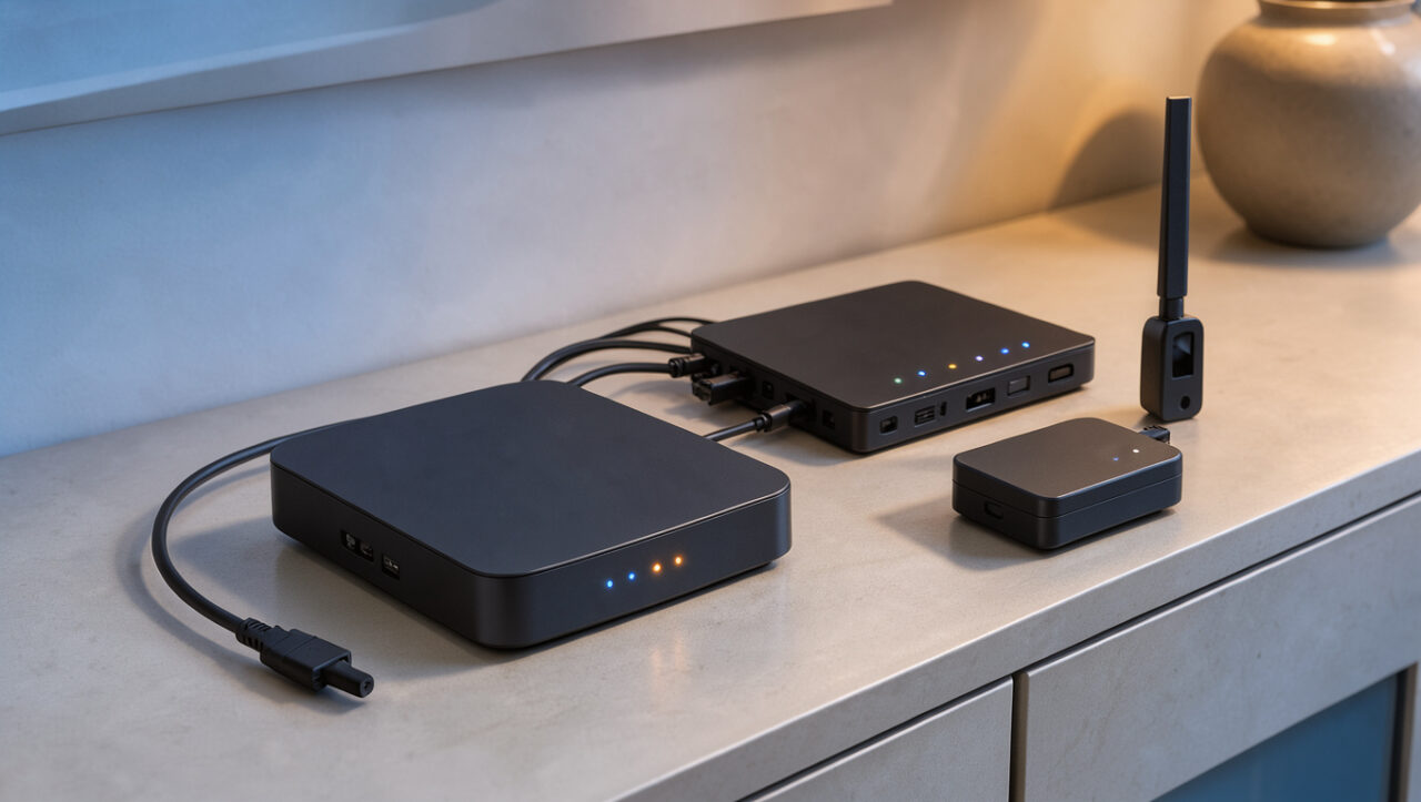 Centrale d’alarme domestique avec routeur Wi-Fi, module cellulaire et batterie de secours dans un intérieur moderne pendant une coupure de courant.
