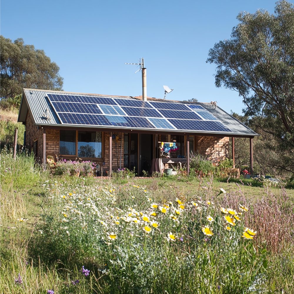 Abri de jardin équipé d’une alimentation électrique solaire avec panneaux photovoltaïques visibles sur la toiture.