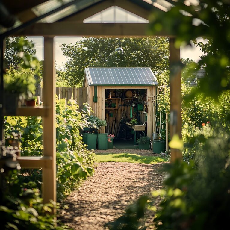 Panneaux solaires installés sur le toit d’un abri de jardin pour alimenter son éclairage et ses équipements.