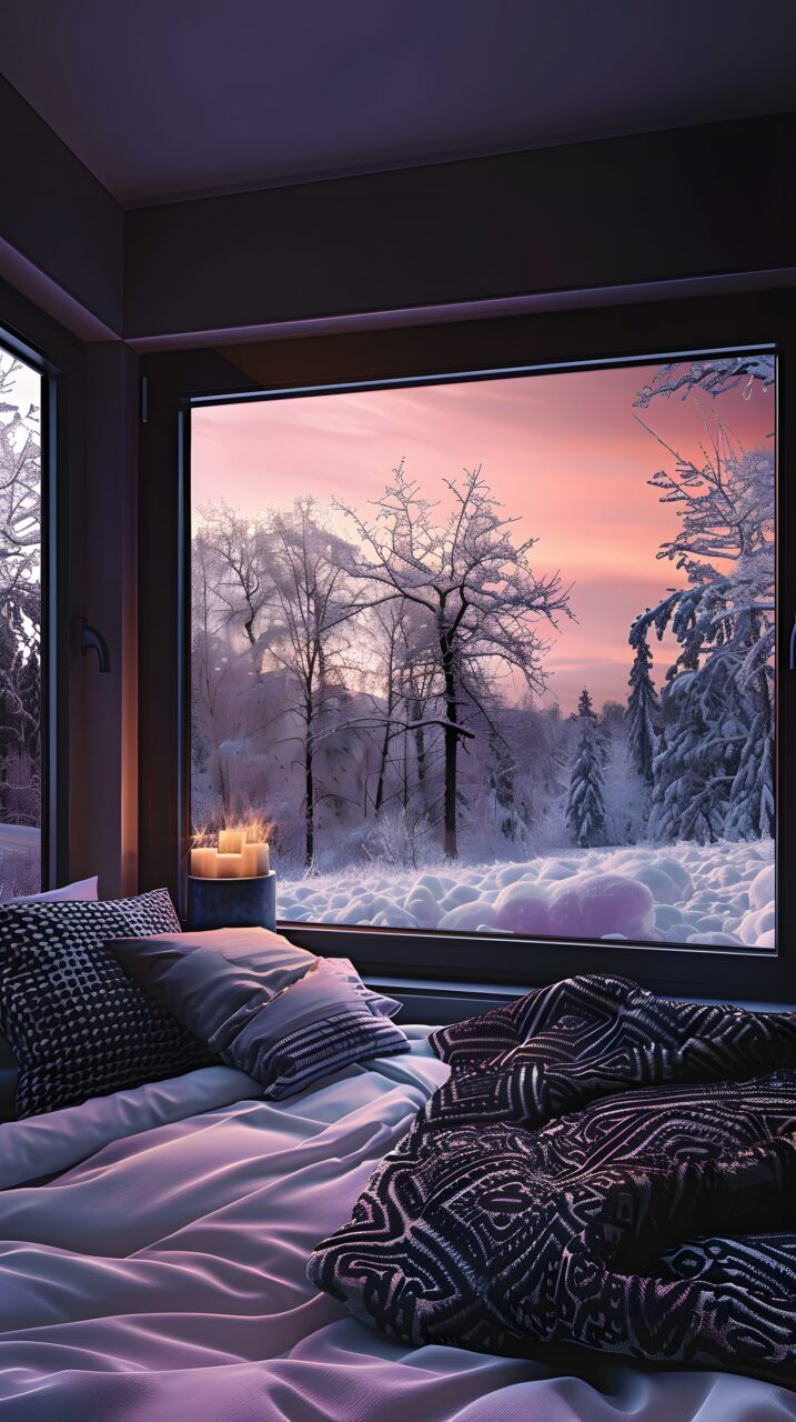 Radiateur installé dans une véranda vitrée pendant une nuit d’hiver.