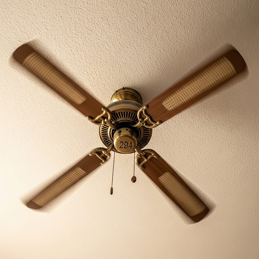 Plafond d’un salon avec un ventilateur fixé à un crochet existant.