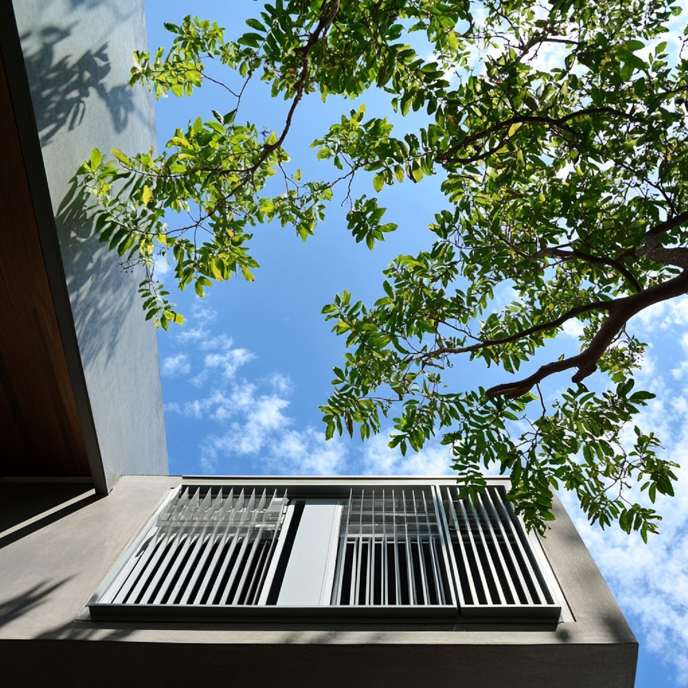 Unité extérieure de climatisation fixée sur le balcon d’une copropriété, à côté de plantes en pot.