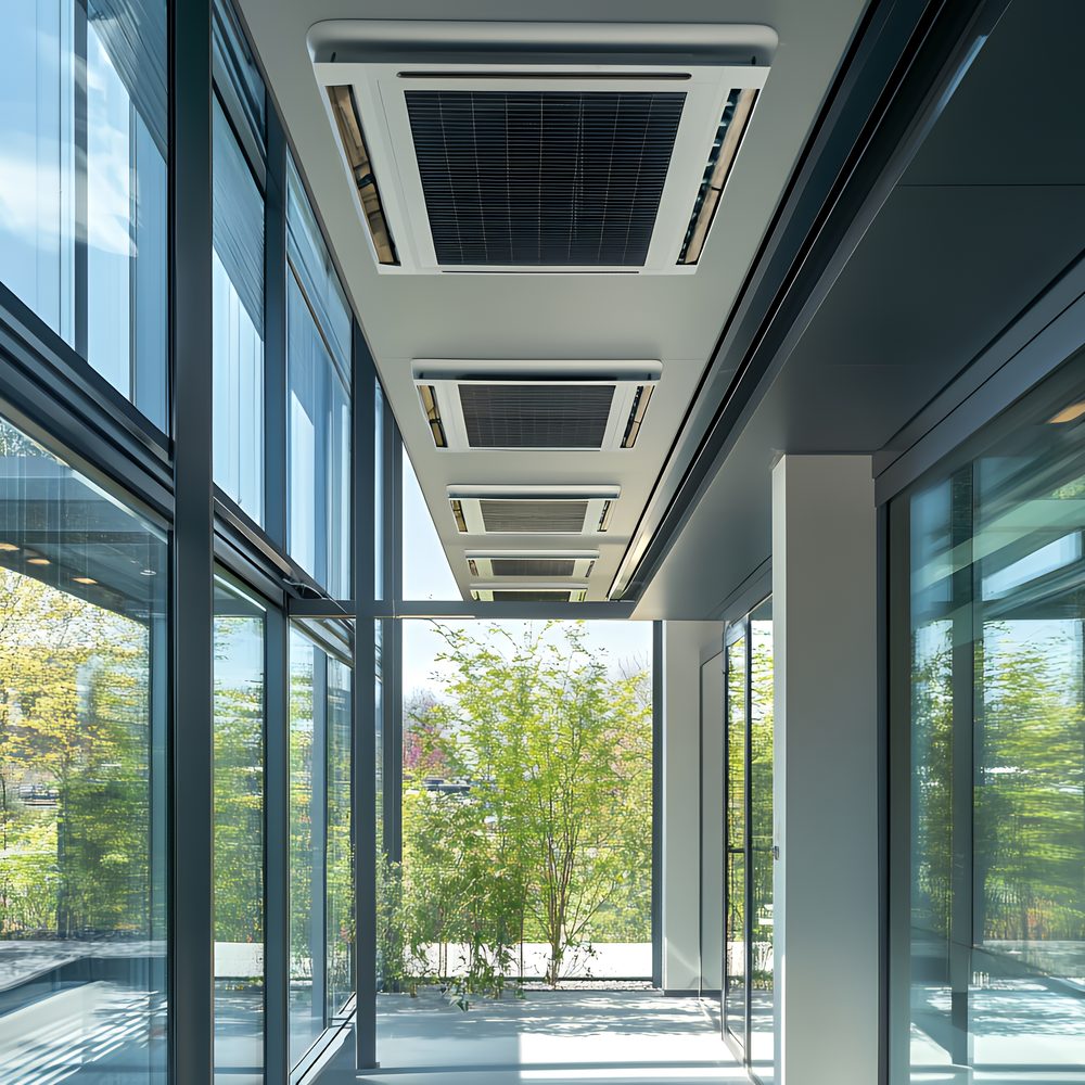Espace de travail installé dans une véranda vitrée, avec ordinateur, bureau et unité de climatisation visible.