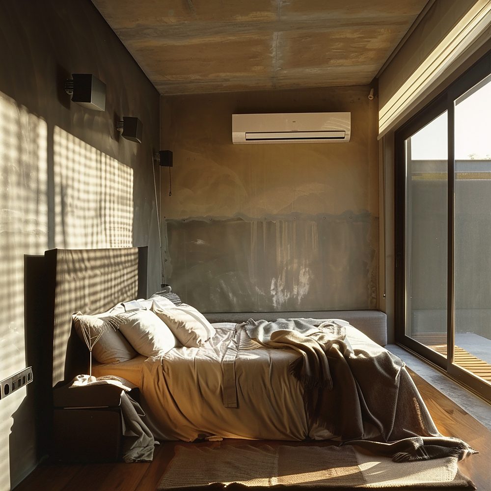 Chambre mansardée équipée d’une climatisation mobile près d’une fenêtre.
