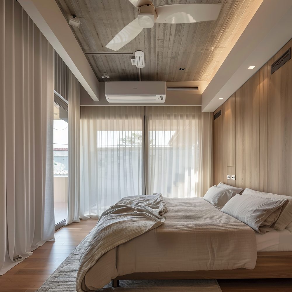 Ventilateur d’une climatisation orienté vers le centre d’une chambre pour améliorer le flux d’air