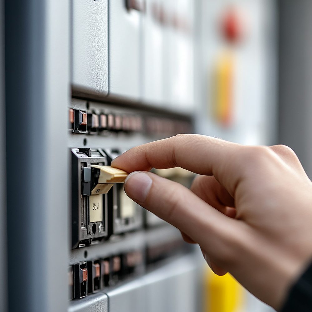Tableau électrique ouvert avec le disjoncteur du four contrôlé à la suite d’une coupure.