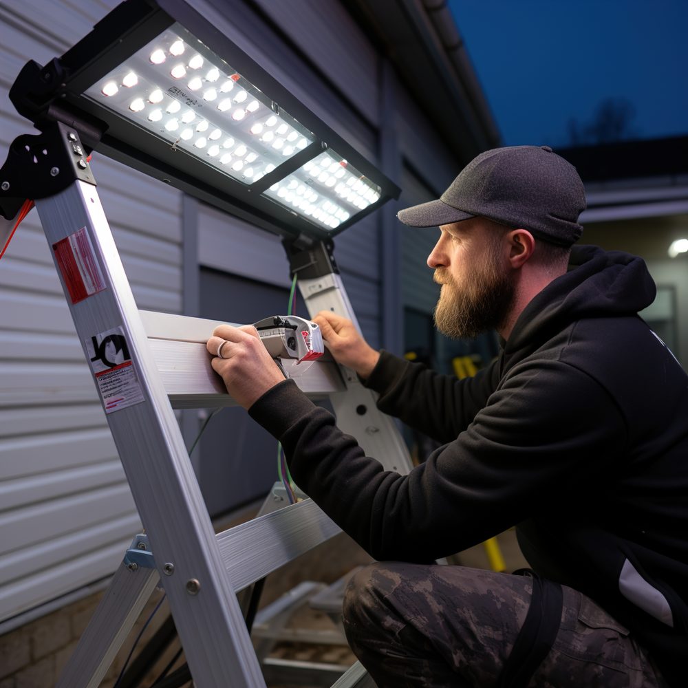 Professionnel vérifiant les disjoncteurs d’une installation électrique exposée aux intempéries.
