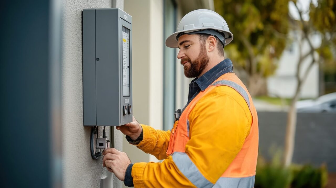 Électricien inspectant un tableau électrique extérieur sous la pluie.