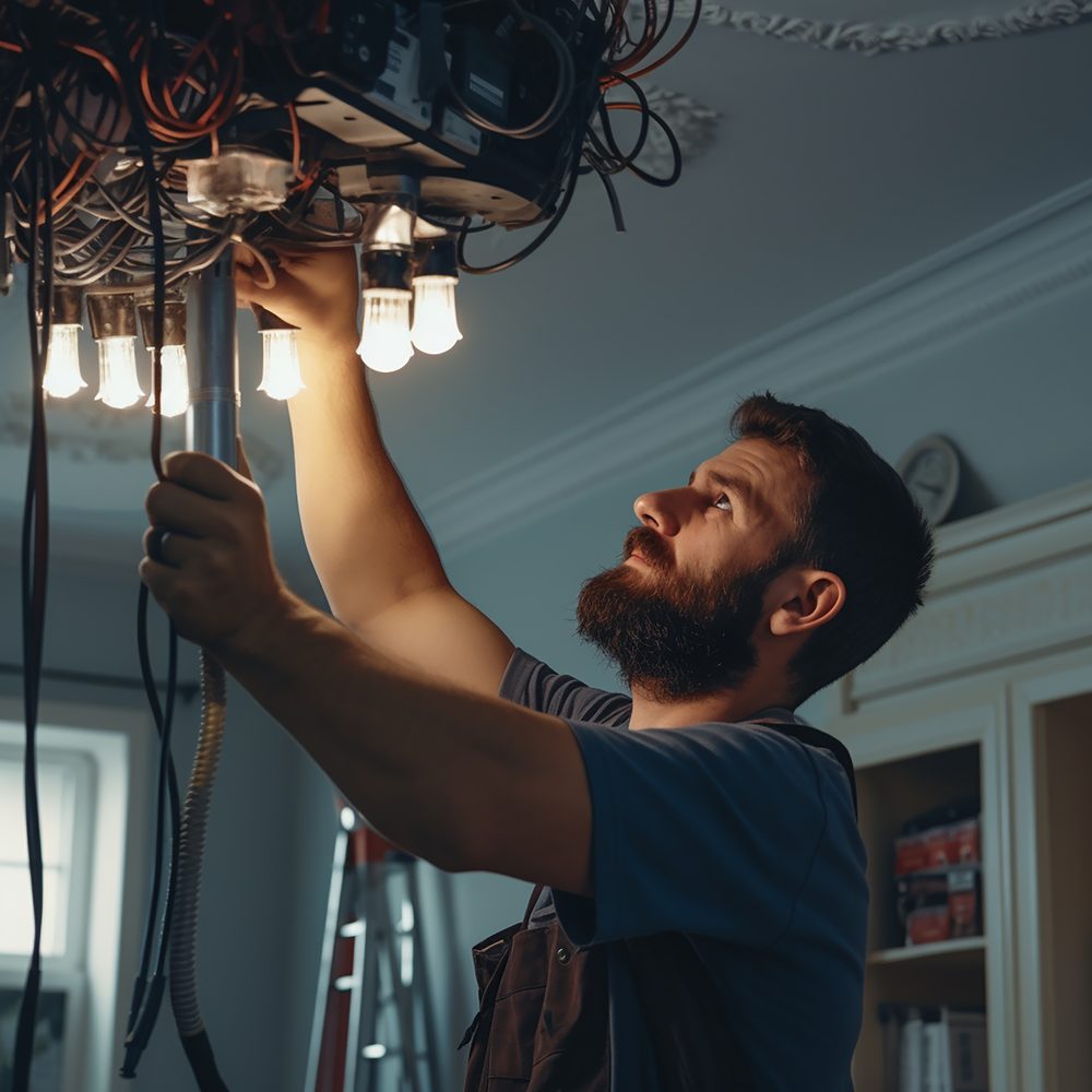 Éclairage de pergola disjoncté avec boîtier électrique vérifié par un professionnel par temps pluvieux.