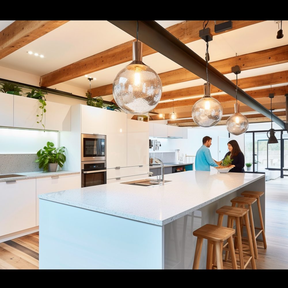 Câblage prévu sous le sol pour alimenter les prises d’un îlot central de cuisine.