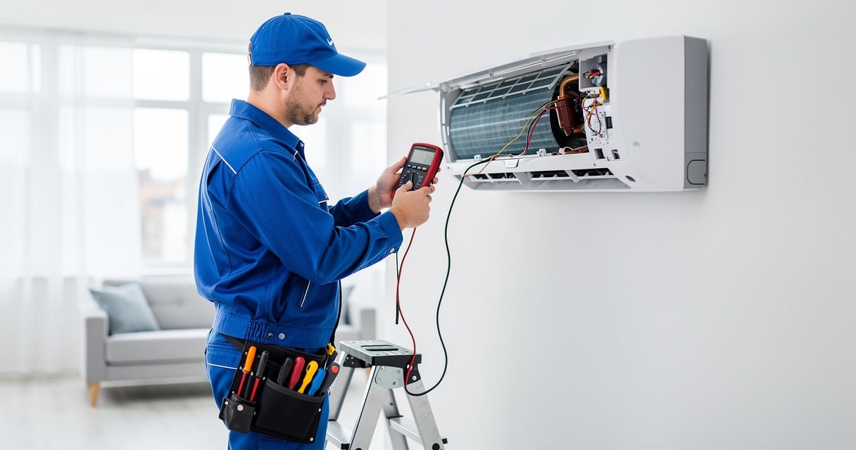 Technicien en train d'entretenir une climatisation réversible murale