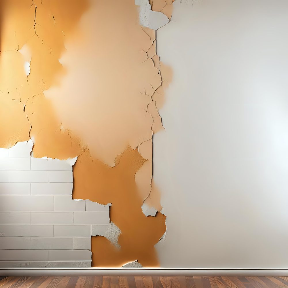 Mur intérieur présentant de petites fissures et des traces de colle après avoir retiré le papier peint.