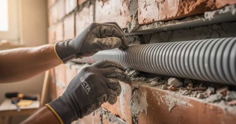 Pose d une gaine ICTA dans une saignée murale lors d une rénovation électrique