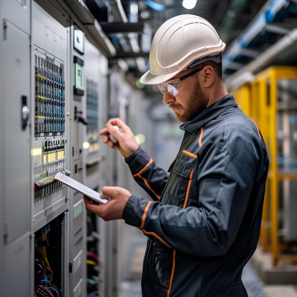 Tableau électrique ouvert avec un professionnel contrôlant les branchements pour une pompe à chaleur.