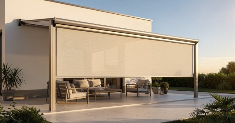Store banne electrique deploye au-dessus d une terrasse residentielle