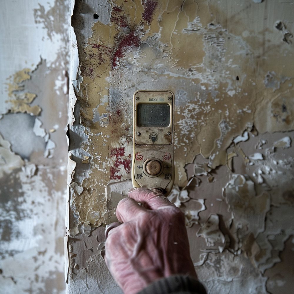 Technicien posant un détecteur de mouvement dans l’entrée d’une vieille maison.