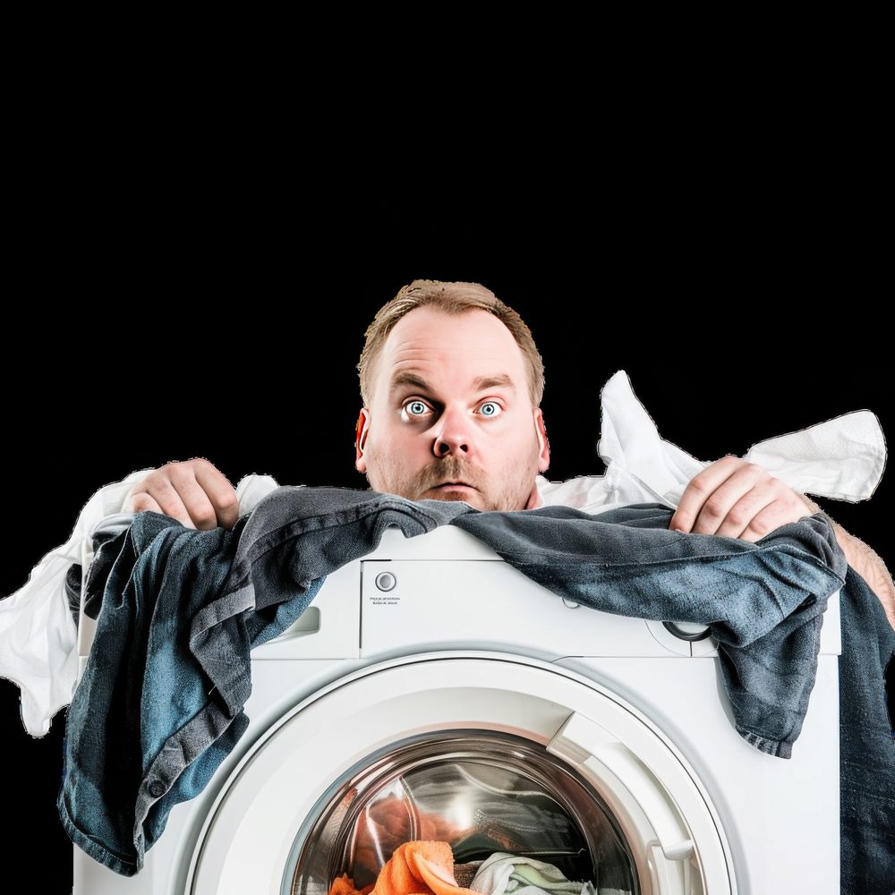 Linge mouillé récupéré dans un lave-linge plein d’eau, tandis qu’un récipient évite les éclaboussures sur le sol.