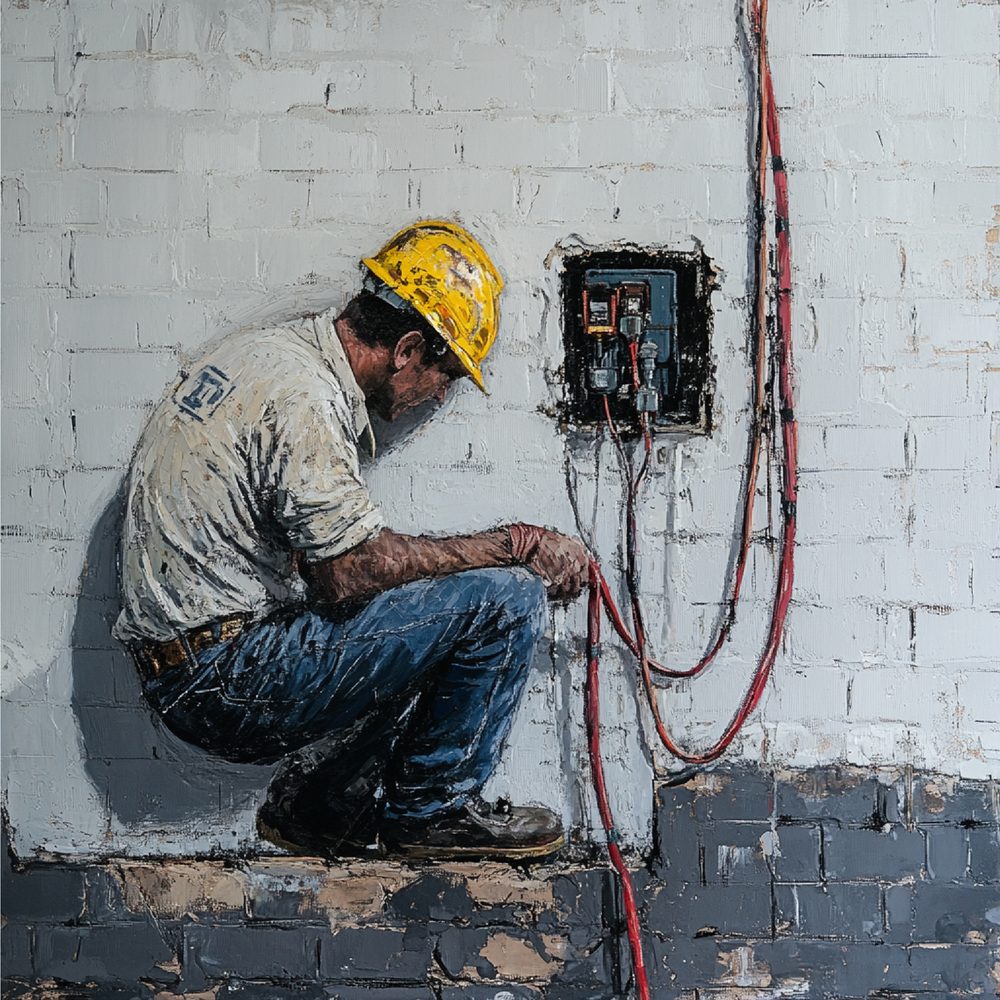 Professionnel contrôlant les fils et les disjoncteurs d’un tableau électrique vétuste.