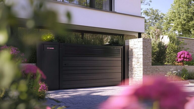 Portail connecté resté ouvert à l’entrée d’une maison, avec son boîtier de commande visible.