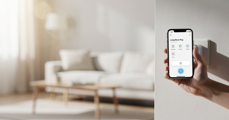 Prise connectée blanche branchée dans un salon moderne avec smartphone affichant une application domotique