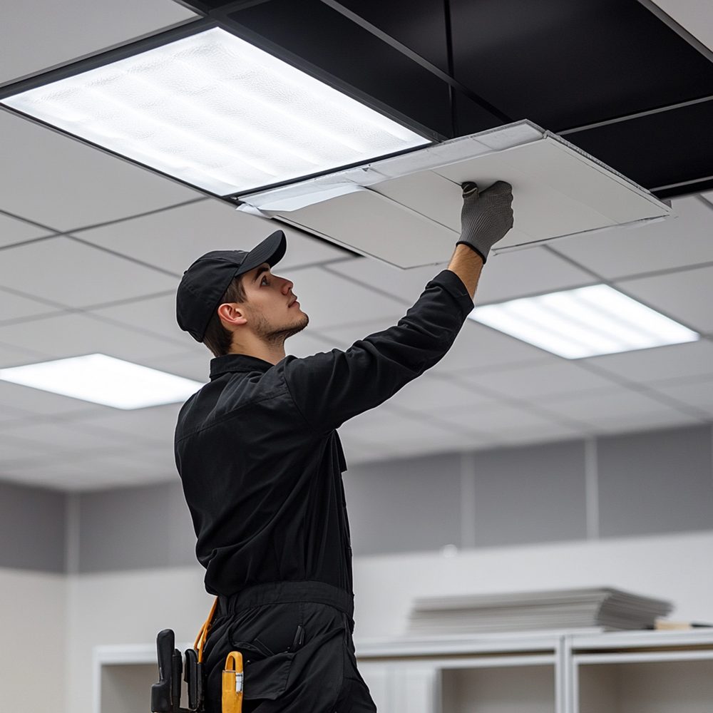 Plafond de salle de bains présentant une auréole d’eau tandis qu’un technicien réalise une recherche de fuite.