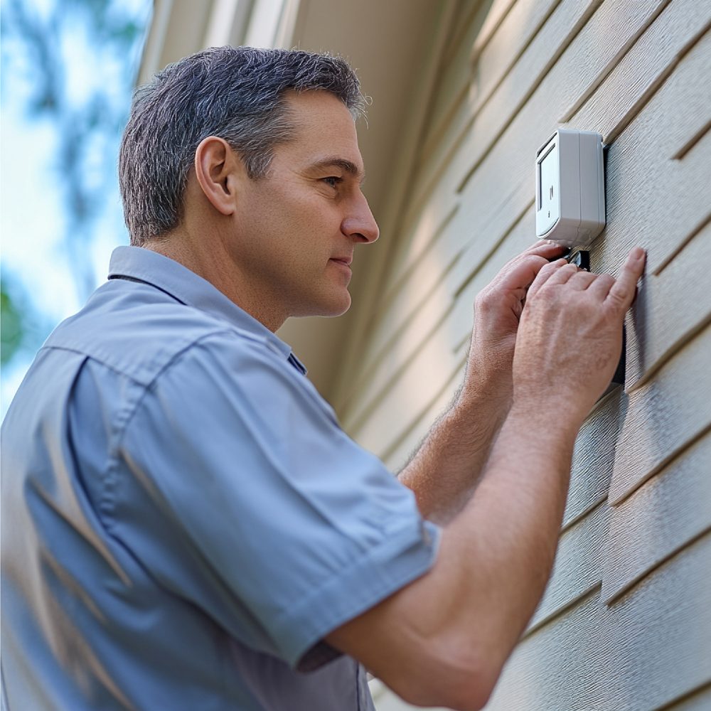 Une personne ajuste le visiophone, l’alarme et l’éclairage extérieur devant la porte d’entrée.