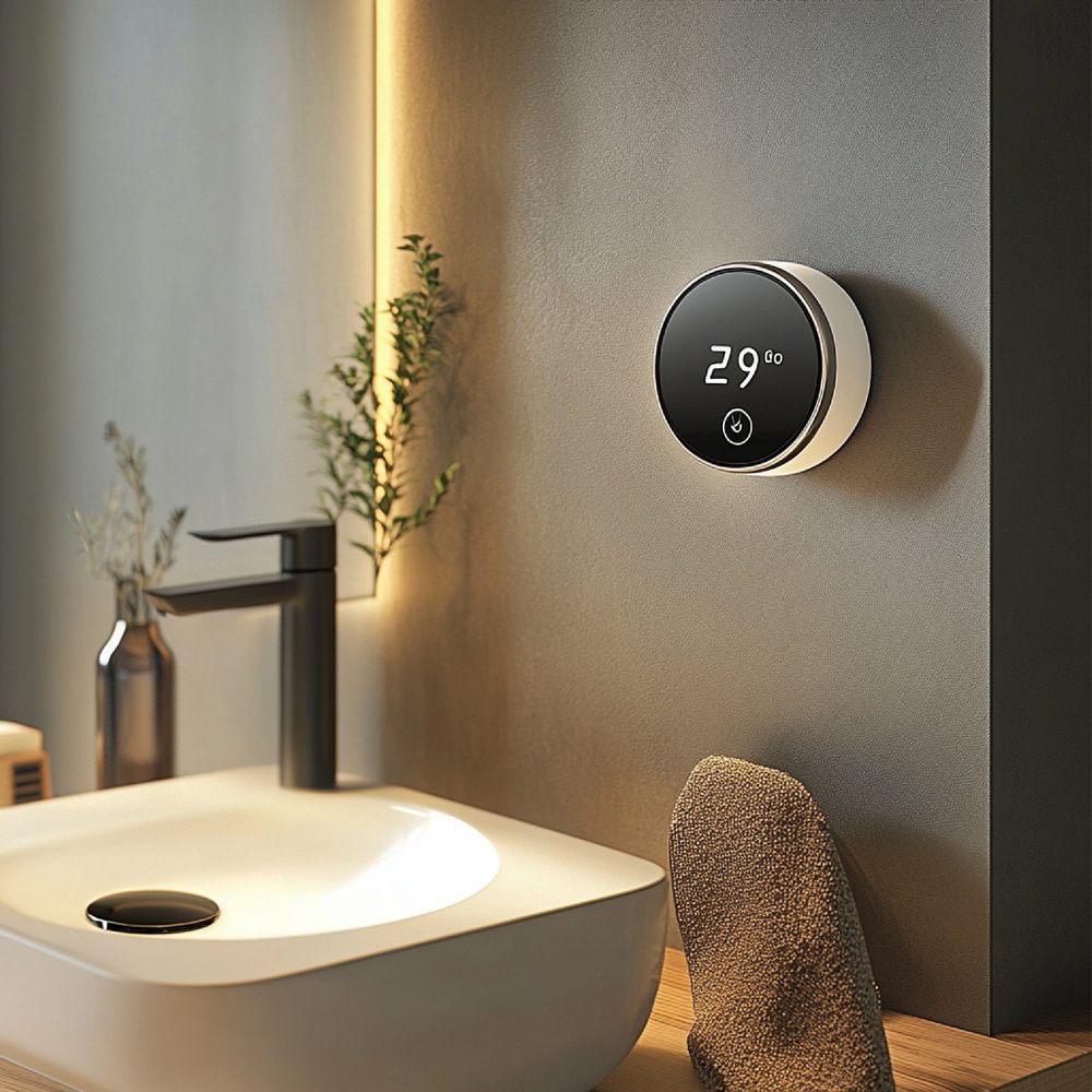 Gros plan sur un capteur d’humidité mural et une grille de ventilation au-dessus d’un lavabo de salle de bains.