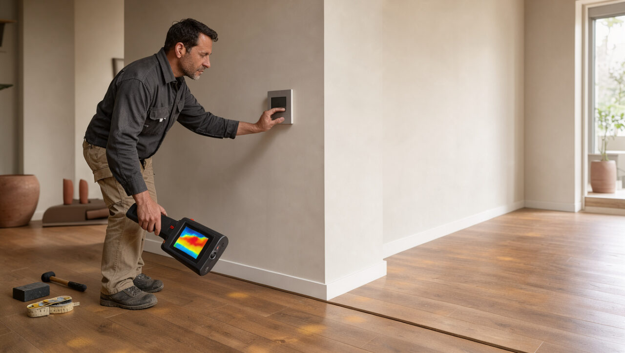 Un technicien vérifie le réglage d’un plancher chauffant après des travaux de sol à l’aide d’un thermostat et d’une caméra thermique.